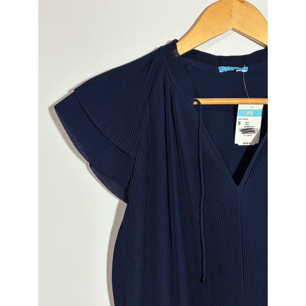 J.McLaughlin Aisha Dress Navy Blue Micro-Pleated Flutter Sleeve Midi Small NEW - Picture 3 of 14